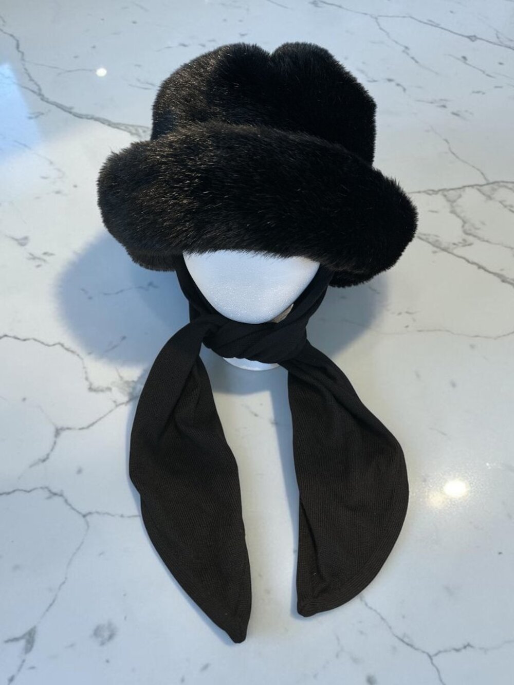 ST JOHN Collection Faux Fur Bucket Hat Black Removable Sash Tie Sz M